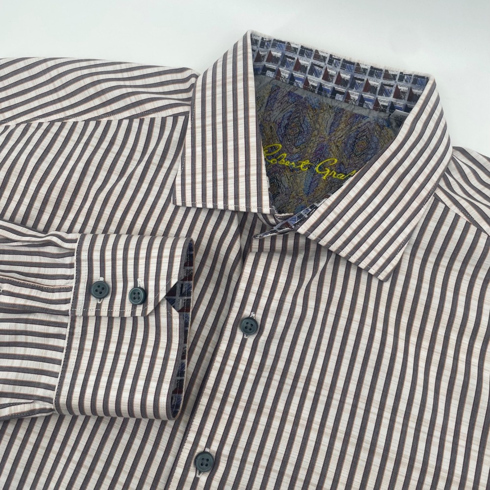 Robert Graham Button Down Shirt Mens 2XL Brown Striped Classic Fit Contrast Cuff